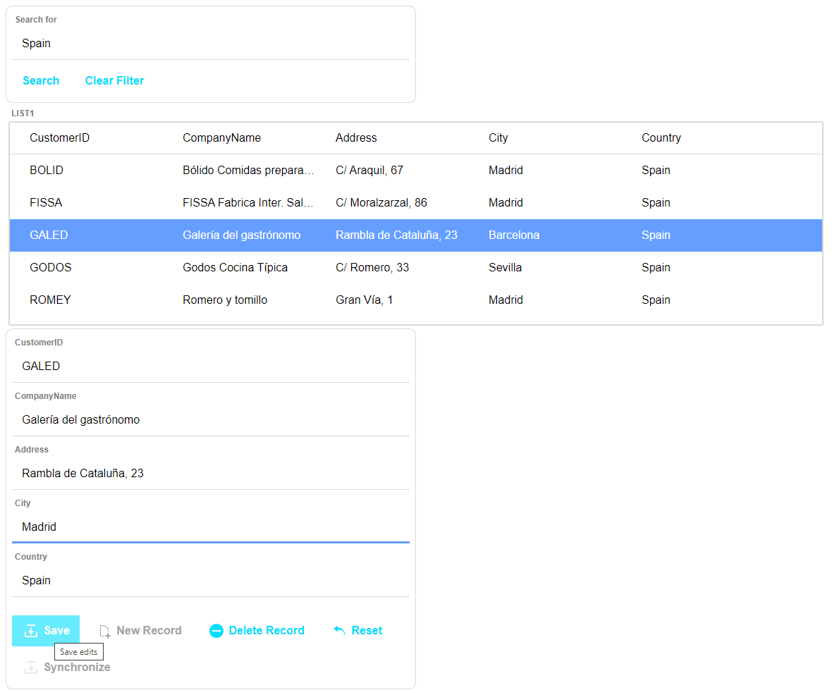 Selecting a record populates the Detail View with the record's data.